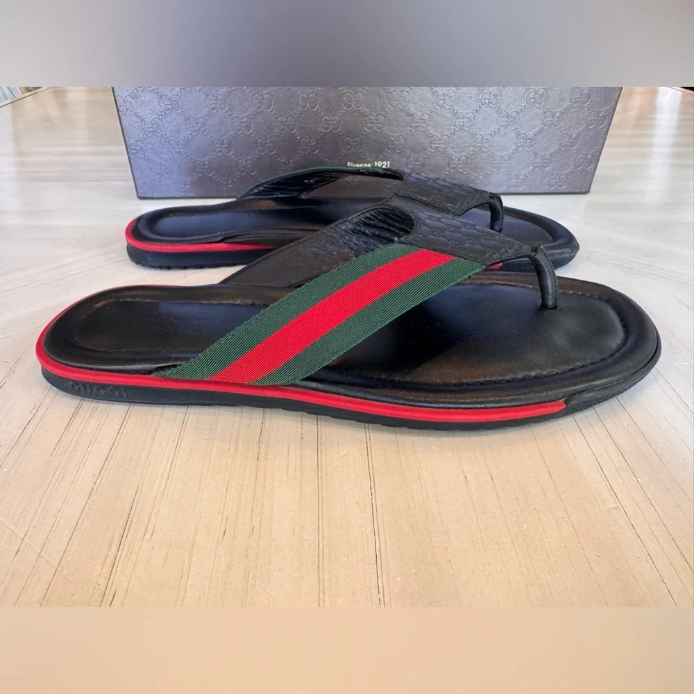 🔥GUCCI🔥 GG Microguccissima Web Thong Men’s Black Leather Sandal – Size 9